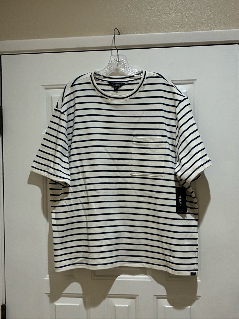 Liverpool cotton Striped Pocket T-Shirt in Cream and Navy